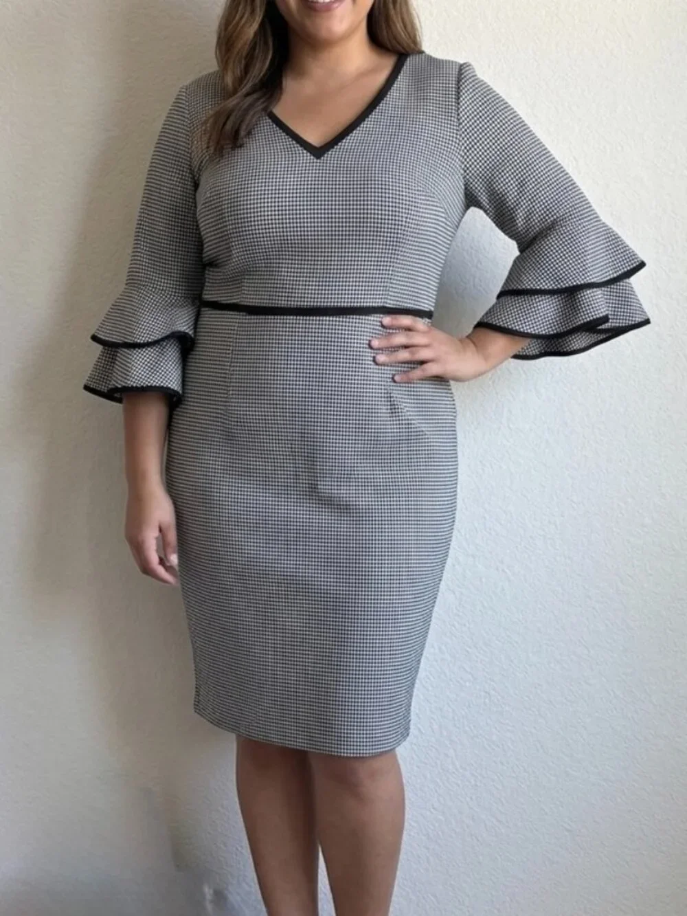 Shelby & Palmer Houndstooth Black/White Bell Sleeve Dress Sz 16 Academia Preppy